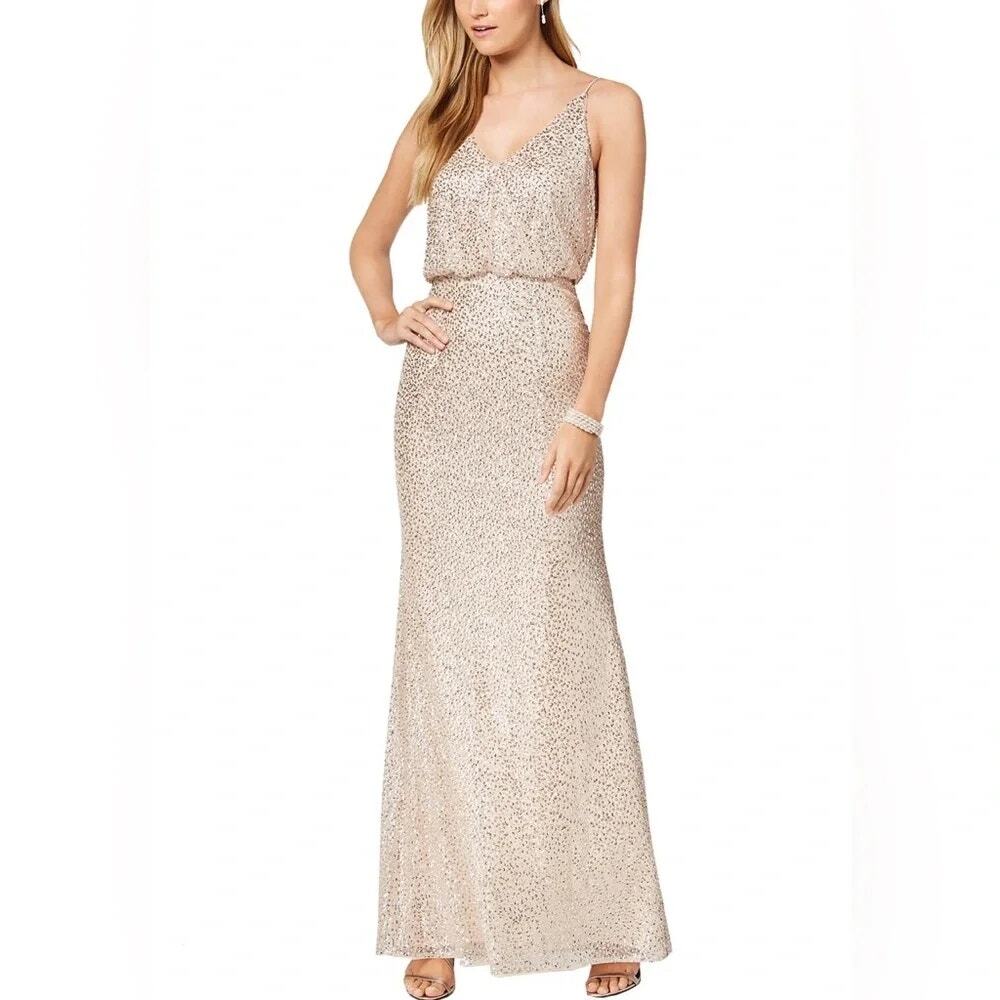 [Adrianna Papell] Gold Sequined Blouson Formal Gown Maxi Dress Wedding Guest 16